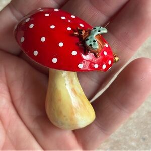 Whimsical Red Mushroom Brooch with Ladybug